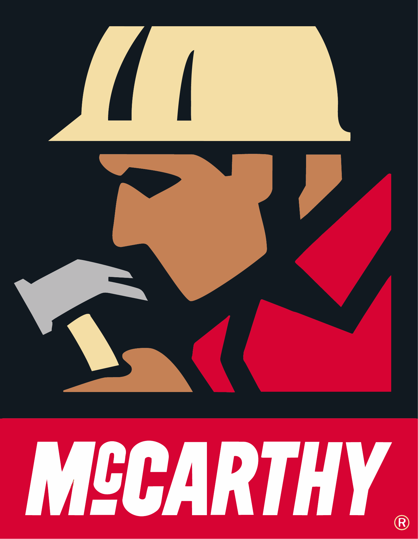 Worker in a hard hat holds a hammer, logo text reads "McCarthy" on red background.