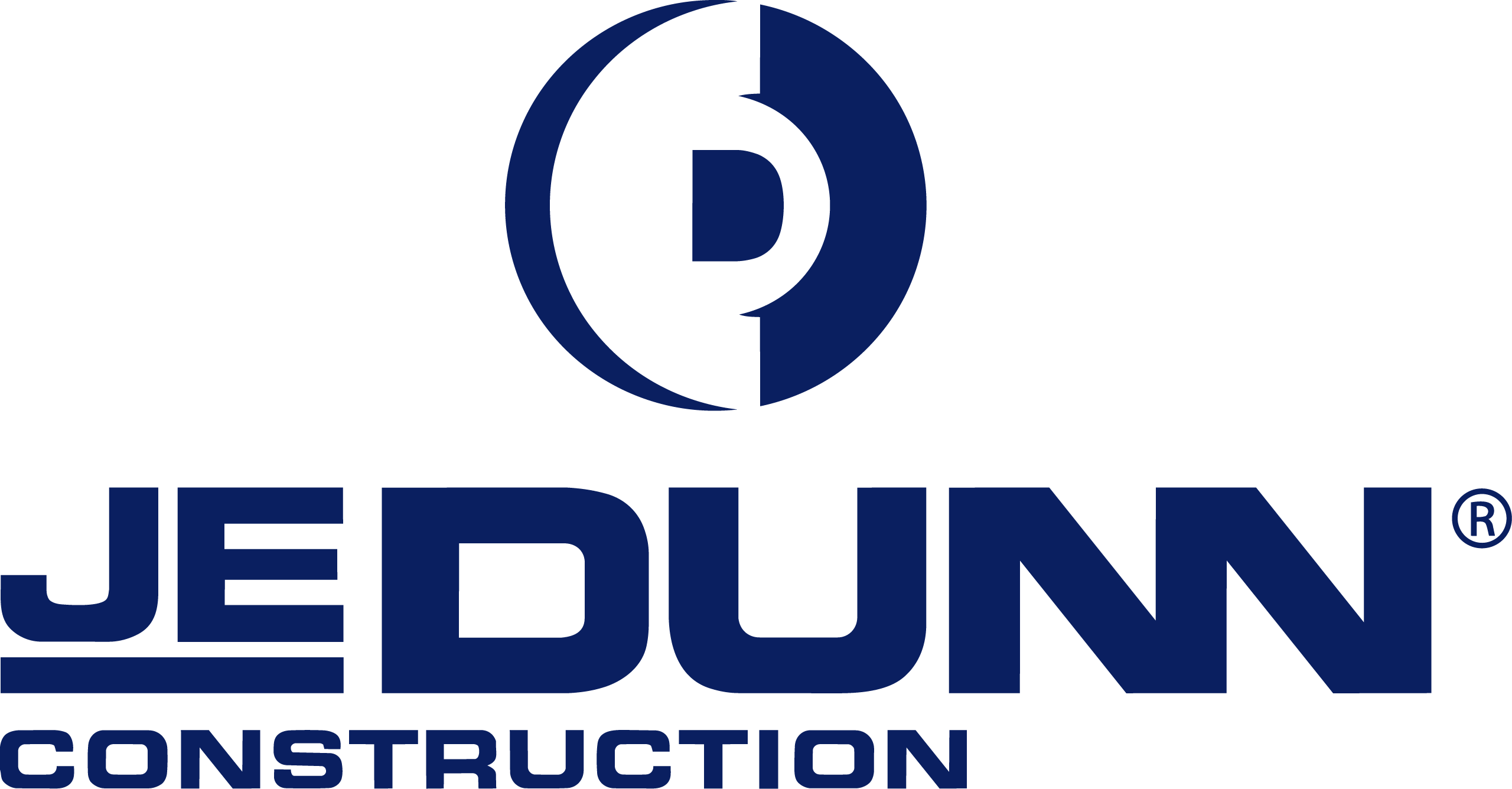 JE Dunn Construction logo in bold blue text with circular emblem above.