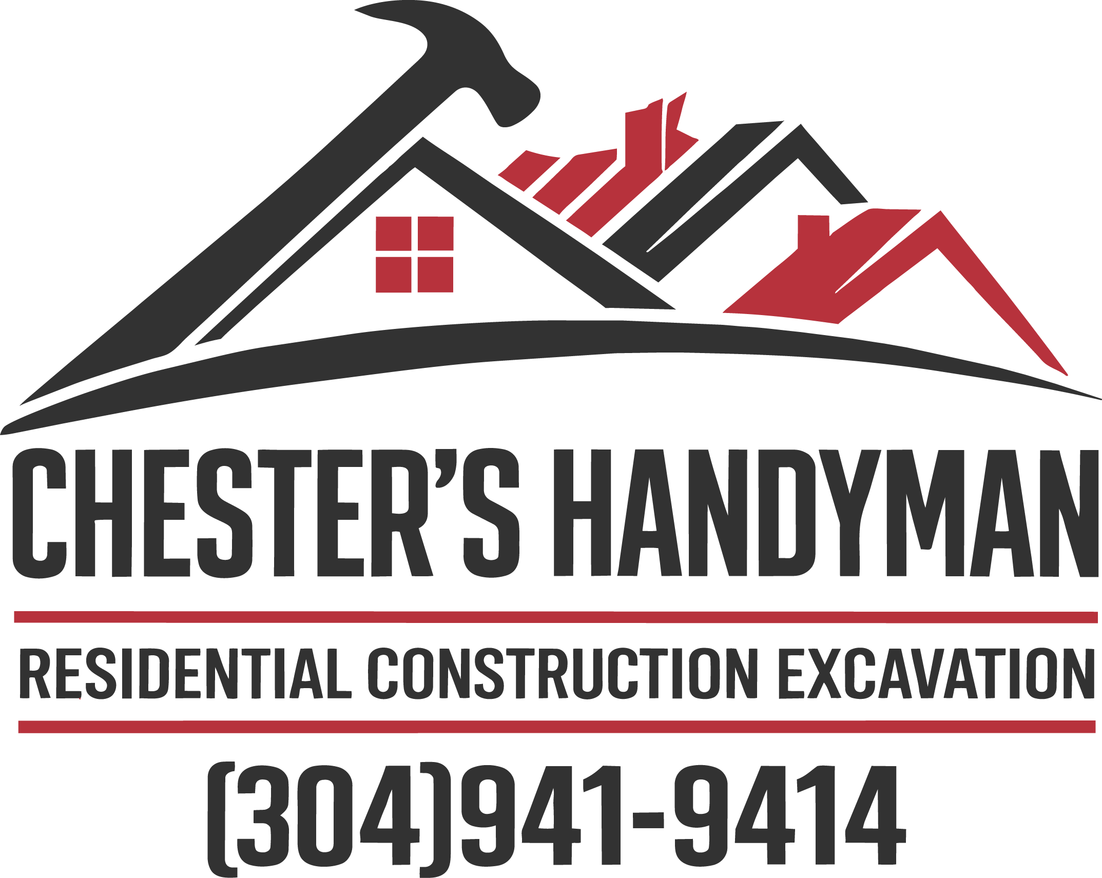 Hammer and roof logo with red accents, text reads "Chester's Handyman" and contact information below.